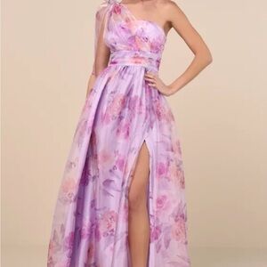 Lulu's Lavender Floral One-Shoulder Evening Dress
